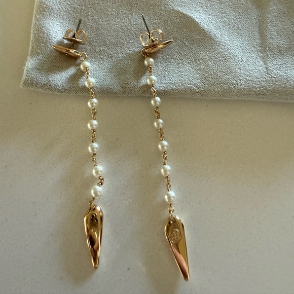 Tory Burch Gold and Pearl Linear Earrings - Picture 2 of 3